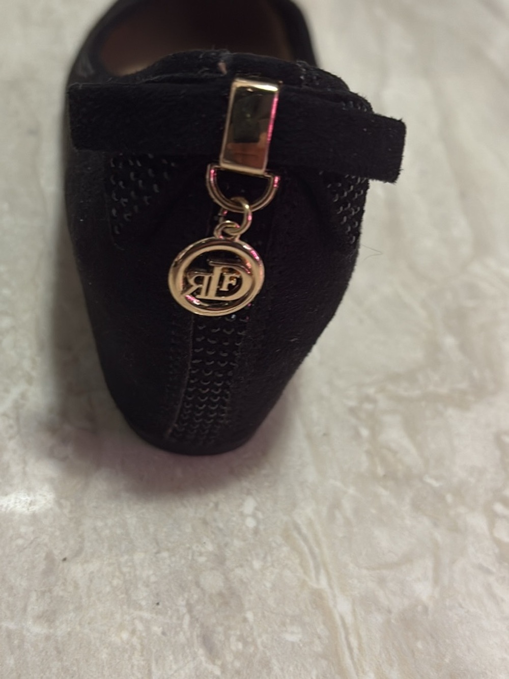 Black Suede Women's Ballet Flat with Gold Logo Charm